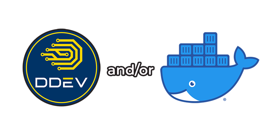 DDEV and Docker logos side by side, with the words “and/or” between them